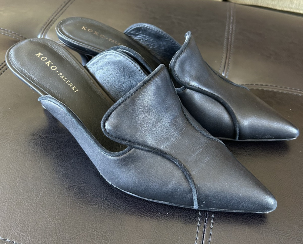Koko + Palenki Black Leather Pointed Toe Mule Heels | 7.5